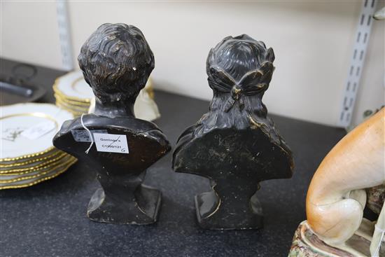 A pair of early 19th century bronzed plaster busts of Virgil and Pope, 7.5in.